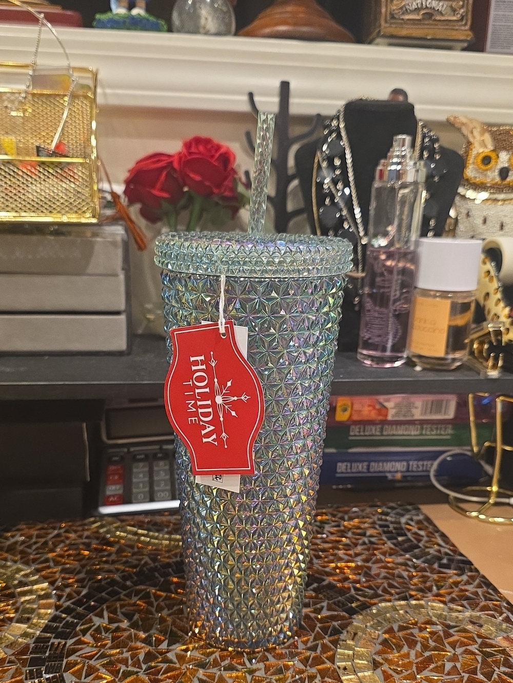 Holiday Time Iridescent Studded Tumbler in Holographic Silver